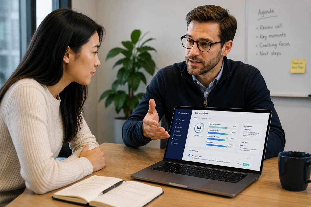 A sales manager coaching a rep at a laptop, reviewing a call report together.